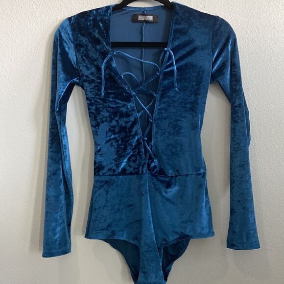 Reformation Avalon Lace Up Bodysuit in Blue petroleum Velvet size XS never used - Picture 2 of 12